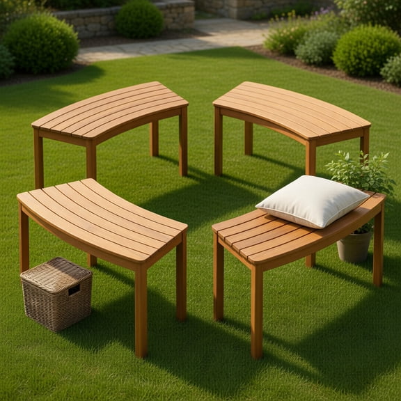 Spaco Set of 4 Curved Patio Benches, Acacia Wood Weather Resistant Front Porch & Backyard Fire Pit Bench Set, Natural