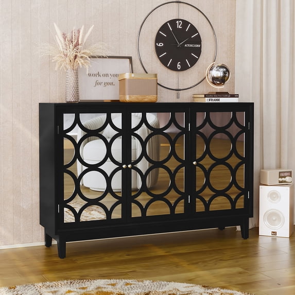 Spaco Sideboard Cabinet with 3 Mirror Doors and Storage, Modern Buffet Cabinet, Accent Storage Cabinet for Indoor as Living Room, Entryway, Black