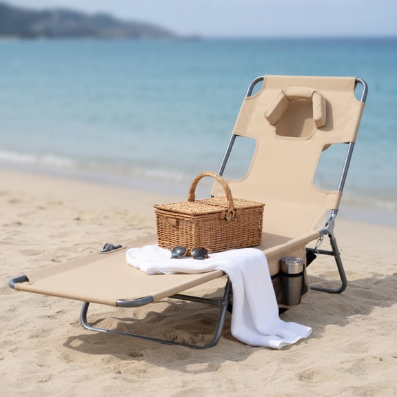 Spaco Single Foldable Beach Lounge Chair, Outdoor Lawn Recliner with Multi-Angle Adjustable Backrest, Beige