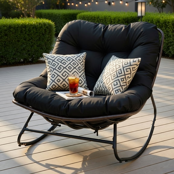 Spaco Single Outdoor Papasan Rocking Chair, Round Wicker Swing Recliner with Full Thick Cushion Pads, Black