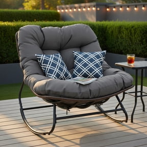 Spaco Single Outdoor Papasan Rocking Chair, Round Wicker Swing Recliner with Full Thick Cushion Pads, Gray
