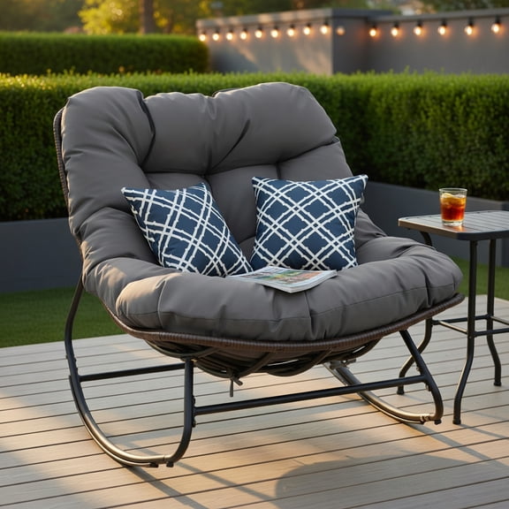 Spaco Single Outdoor Papasan Rocking Chair, Round Wicker Swing Recliner with Full Thick Cushion Pads, Gray