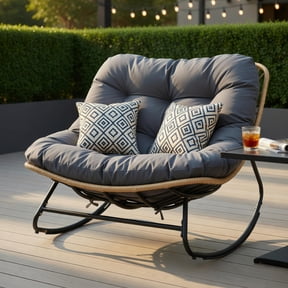 Spaco Single Outdoor Papasan Rocking Chair, Round Wicker Swing Recliner with Thick Cushioned Seat for Patio, Gray