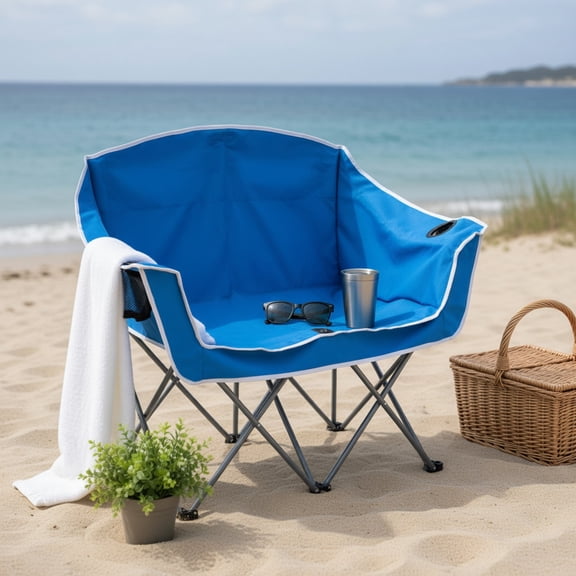 Spaco Single Oversized Duo Camping Loveseat Chair, Portable Two-Person Recliner with Wide Armrests & Built-In Cup Holders, Blue