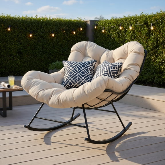 Spaco Single Oversized Egg Papasan Chair, Round Wicker Basket Lounger with Plush Full Padded Cushion for Porch, Beige