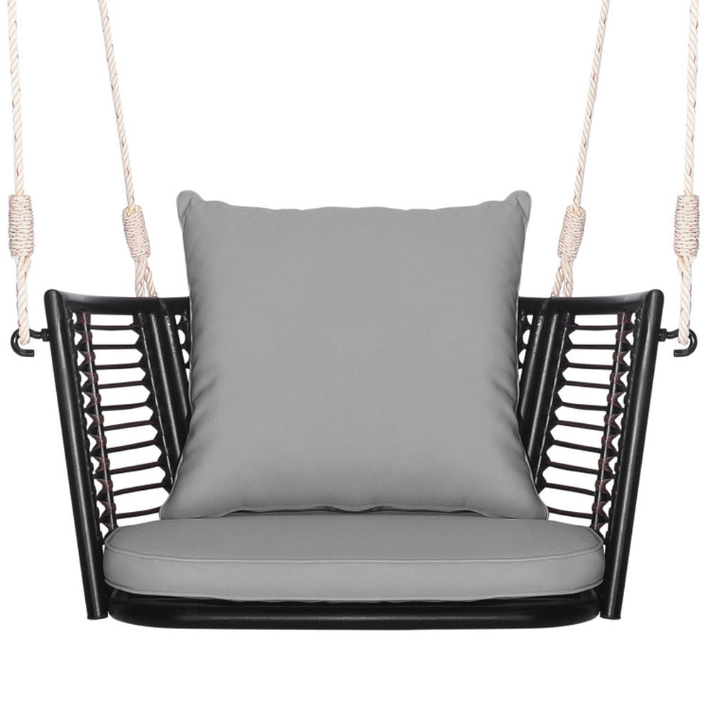 Gray Cushioned Rattan Hanging Chair with Metal Frame