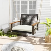 Spaco Single Rattan Porch Swing, Porch Swing with Armrests Cushion and Hanging Ropes, Durable Bench Swing for Outdoor as Garden, Patio, White