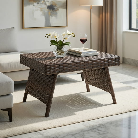 Spaco Small HardPE Rattan Outdoor Coffee Side Table with Slatted Tabletop for Outside Patio, Square, Brown