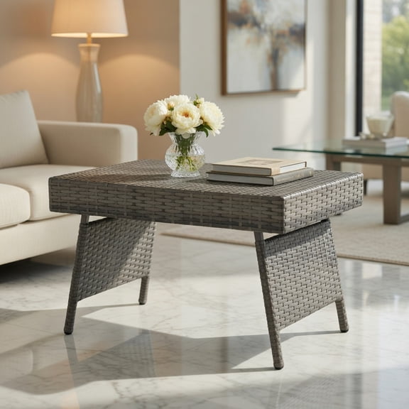 Spaco Small HardPE Rattan Outdoor Coffee Side Table with Slatted Tabletop for Outside Patio, Square, Gray