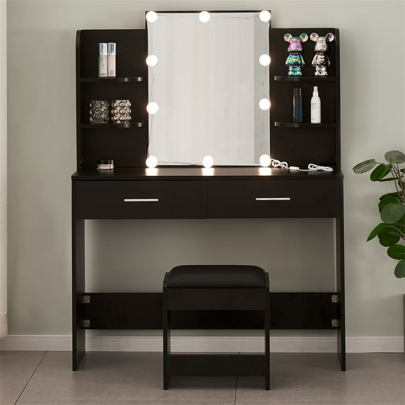 Spaco Small Makeup Vanity Desk with Mirror and Light Makeup Vanity, Black Vanity