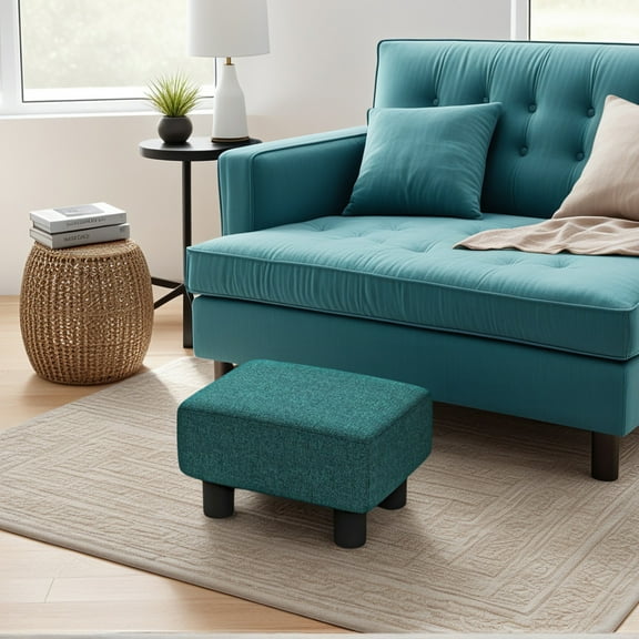 Spaco Small Ottoman Foot Rest and Cube Ottoman, Foot Stool with Linen Fabric Upholstery and Plastic Legs for Indoor as Living Room, Entryway, Green