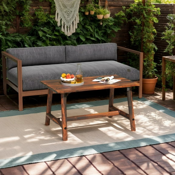 Spaco Solid Wood Patio Table for Indoor and Outdoor, Rectangular CoffeeTable with Slatted Tabletop, Brown