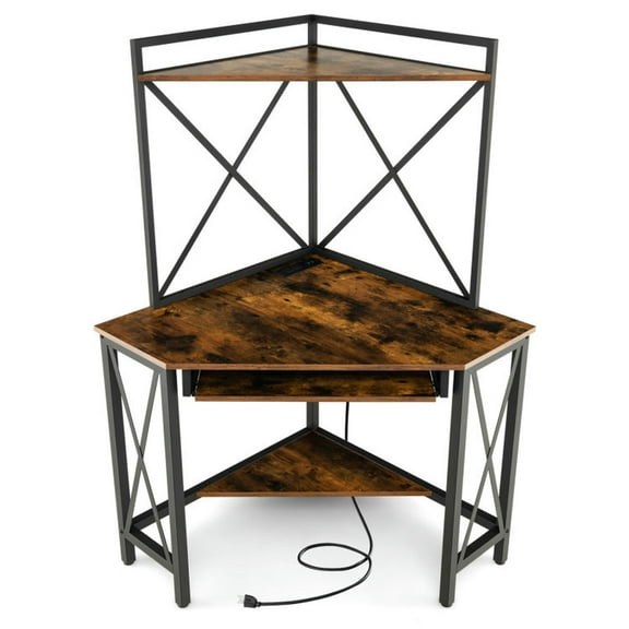Spaco Space-Saving Corner Computer Desk with with Hutch and Keyboard Tray-Rust Brown, Office Desk, Gaming Computer Desks for Study,Working,Writing
