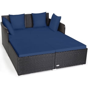Spaco Spacious Outdoor Rattan Daybed with Upholstered Cushions and Pillows-Navy, Wicker Furniture Conversation Sets for Garden, Poolside, Backyard