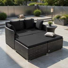Spaco Spacious Outdoor Rattan Daybed with Upholstered Cushions and Pillows, Outdoor Sectional, Rattan Daybed for Patio, Garden, Backyard, Black
