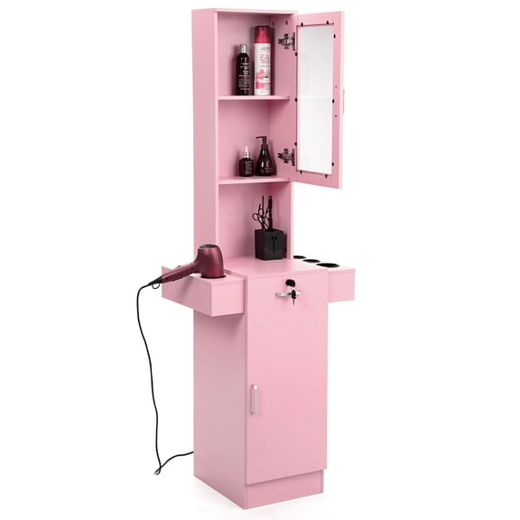 Spaco Stand Barber Station with 3-Tier Shelf and Drawer, Hair Styling Equipment with Glass Door, Dryer Tool Holders, Salon Spa Beauty Table Furniture, Pink