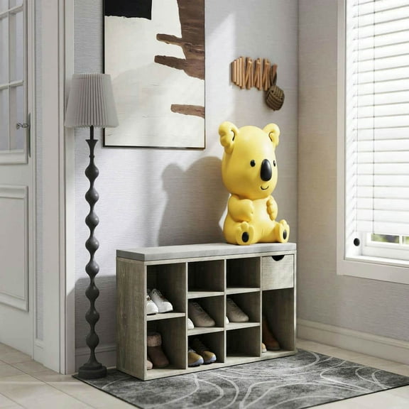 Spaco Storage Bench, Shoe Bench, Entryway Bench with Padded Cushion, Drawer and Open Compartments, Bench with Storage, 3 Tier Shoe Rack Bench for Indoor, Gray