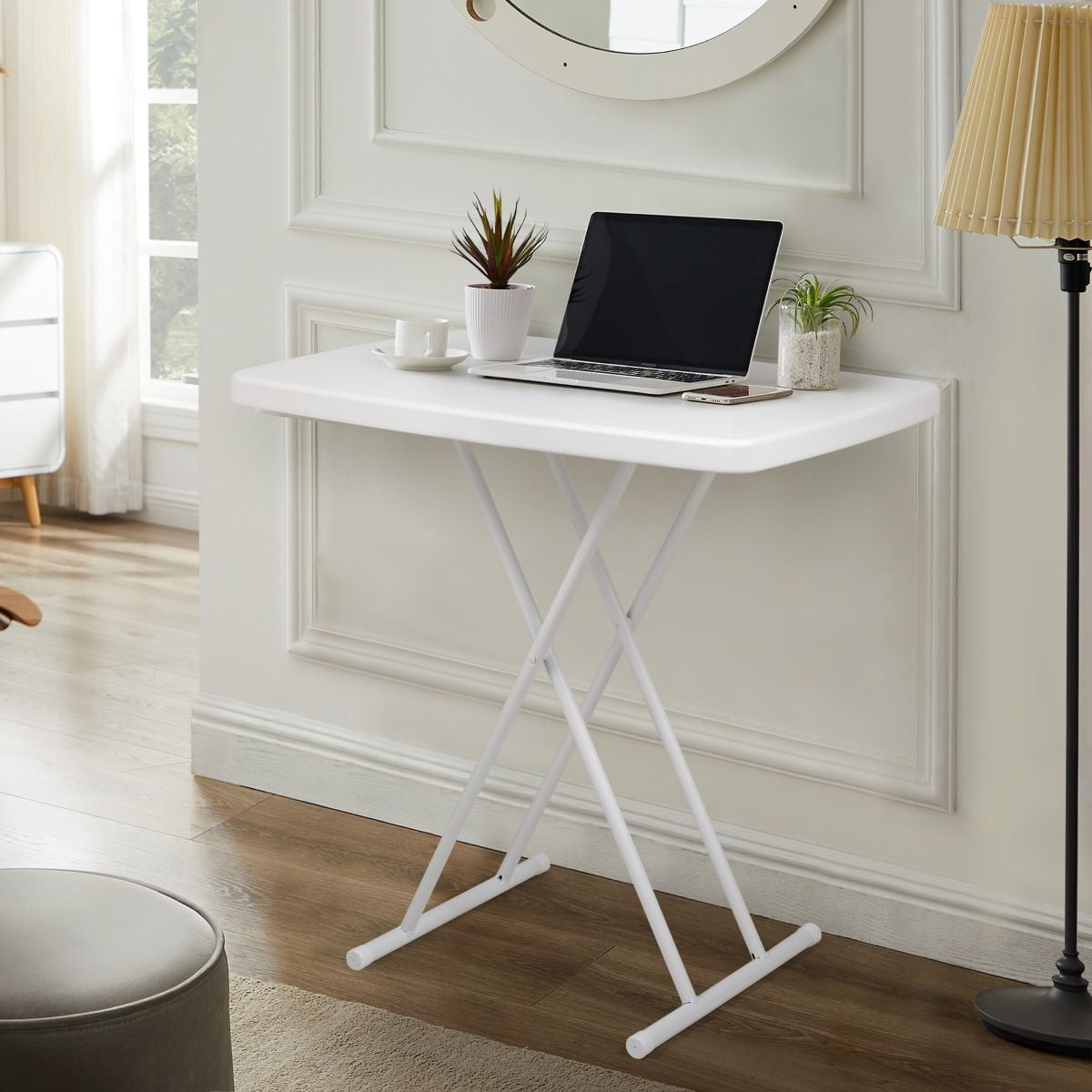 Spaco Sturdy Lightweight Folding Table, 4 Height Settings, White, Tubular Steel Frame, 220lb Load Spaco Sturdy Lightweight Folding Table, 4 Height Settings, White, Tubular Steel Frame, 220lb Load