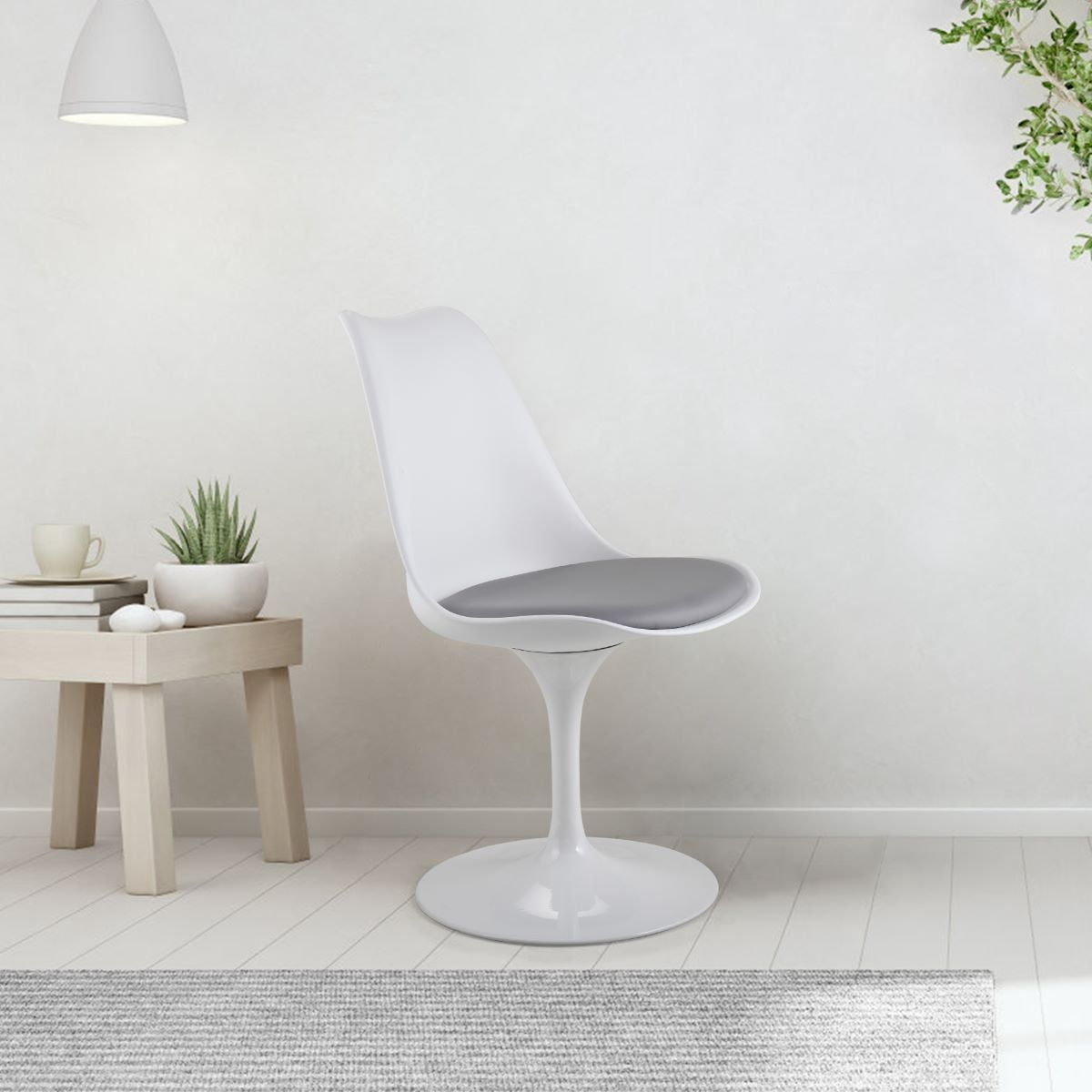 Spaco Swivel Tulip Side Chair for Kitchen and Dining Room Bar with Cushioned Seat and Curved Backrest, White and Gray, Comfortable Swivel Chair, PU Cushion, Lumbar Support Spaco Swivel Tulip Side Chair for Kitchen and Dining Room Bar with Cushioned Seat and Curved Backrest, White and Gray, Comfortable Swivel Chair, PU Cushion, Lumbar Support