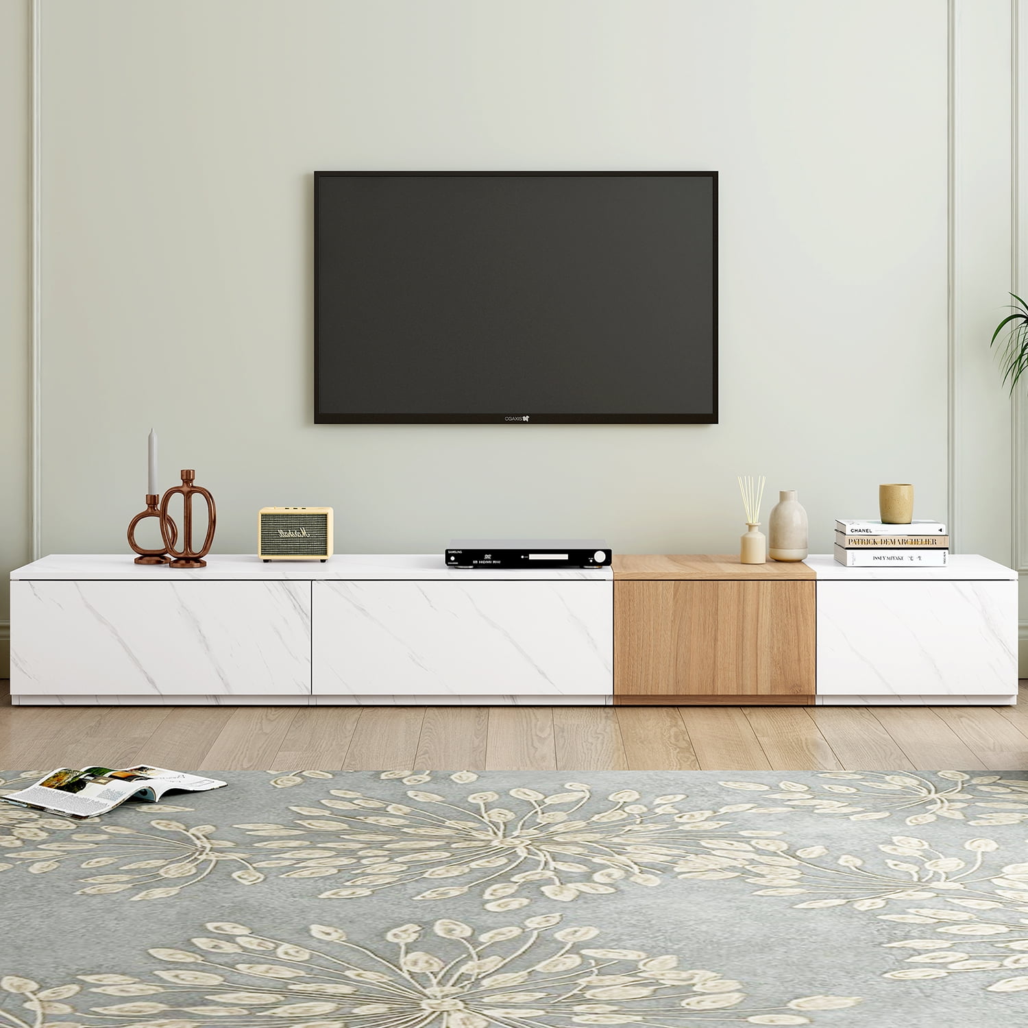 White Faux Marble and Walnut Grain TV Stand with 4 Storage Drawers