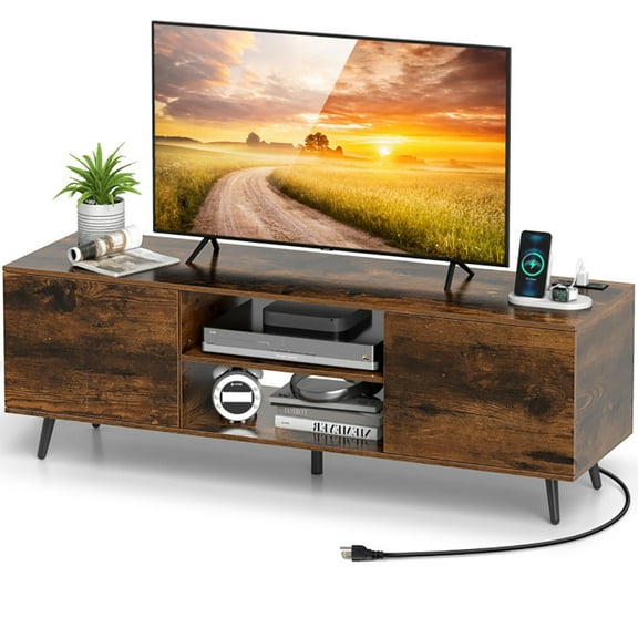 Spaco TV Stand with Power Outlets and Adjustable Shelf for 60 Inch TVs, Entertainment Center, Rustic Brown