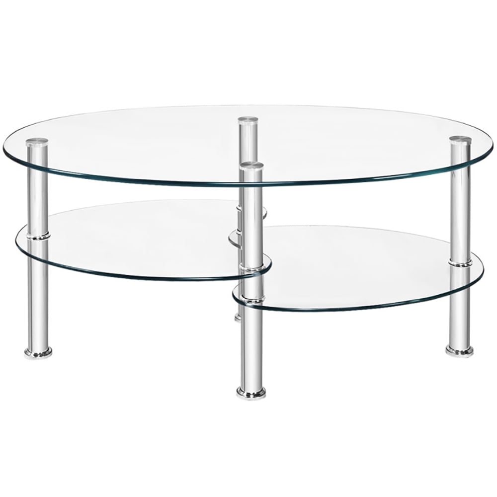 Transparent Oval Tempered Glass Coffee Table with Metal Legs