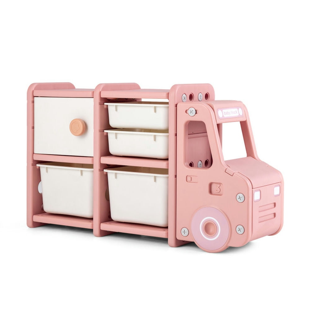Spaco Toddler Truck Storage Organizer with Plastic Bins-Pink, Toy Organizer for Kids, Boys, Girls, Nursery