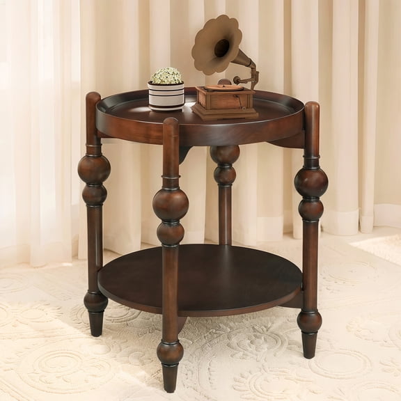 Spaco Traditional Solid Wood Round Side Table with Bottom Shelf, Living Room Accent Table, Dark Brown