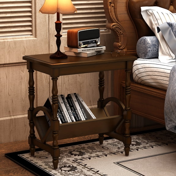 Spaco Traditional Wooden Side Table with Magazine Holder, Rubberwood Legs, Birch Veneer, Accent Furniture, Brown