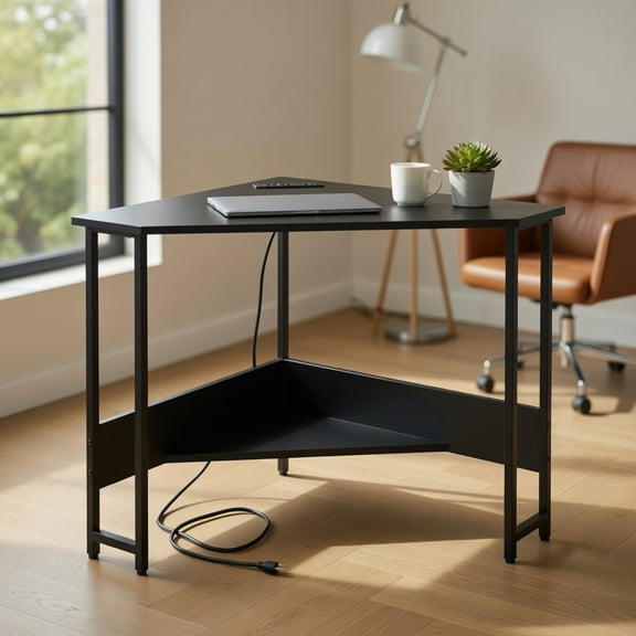 Spaco Triangle Computer Corner Desk with Charging Station-Black, Office Desk, Gaming Computer Desks for Study,Working,Writing