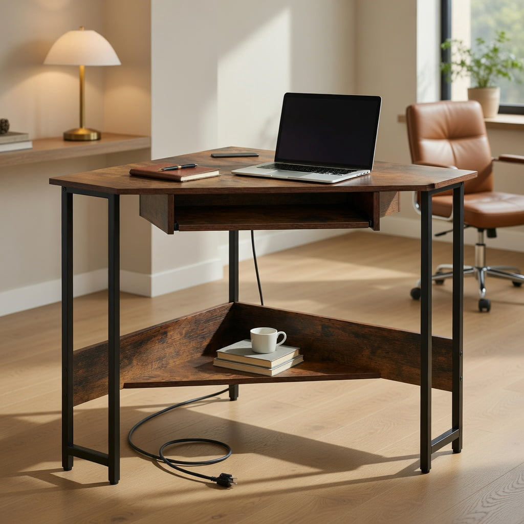 Spaco Triangle Corner Desk with Charging Station Keyboard Tray and Storage Shelf-Rustic Brown, Office Desk, Gaming Computer Desks for Study,Working,Writing