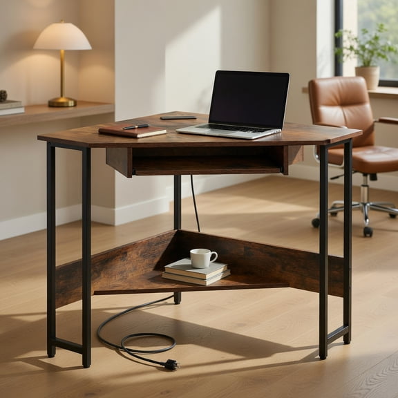 Spaco Triangle Corner Desk with Charging Station Keyboard Tray and Storage Shelf-Rustic Brown, Office Desk, Gaming Computer Desks for Study,Working,Writing