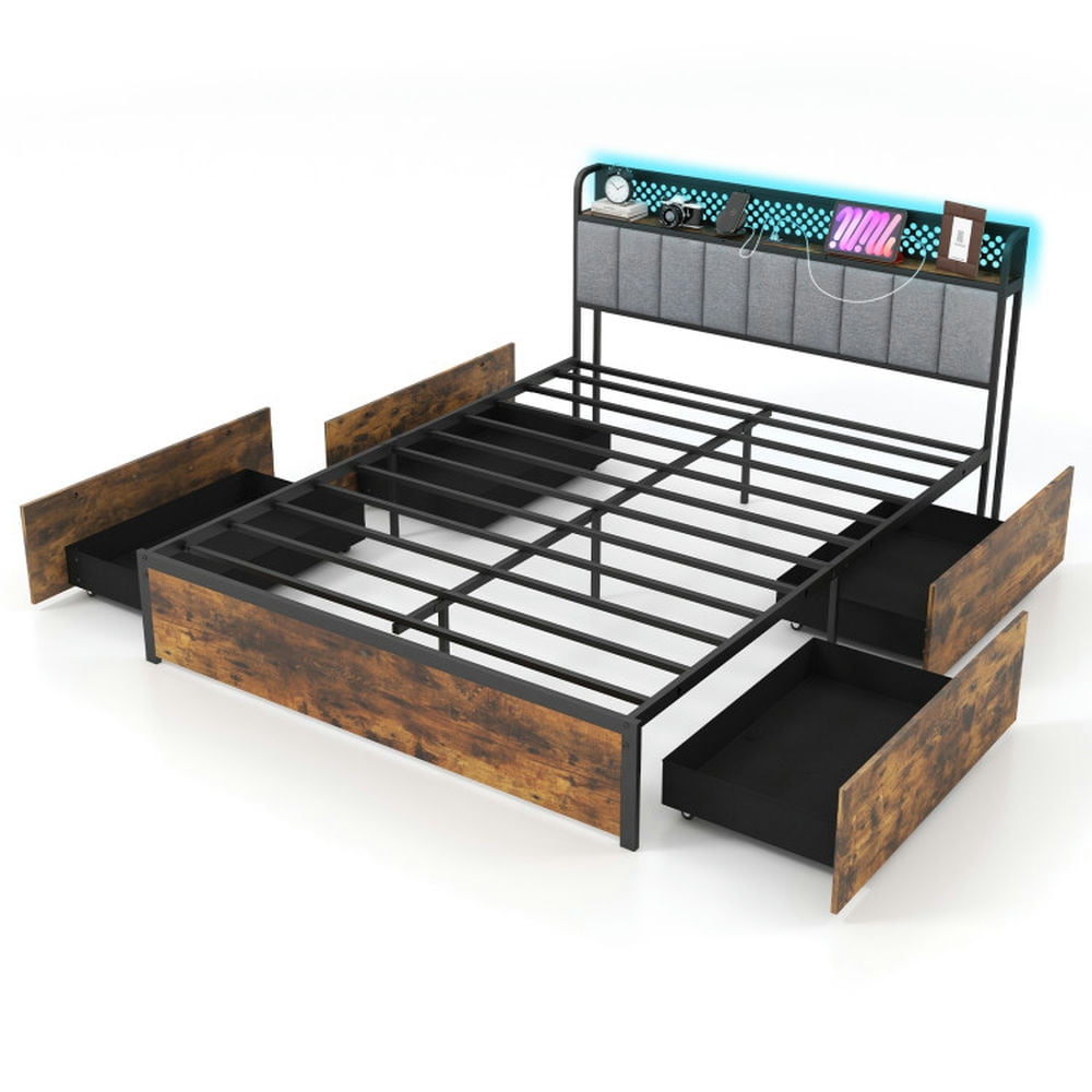 Spaco Twin/Full/Queen Bed Frame with LED Lights Upholstered Headboard and 4 Storage Drawers-Queen Size, Bed Frame Full