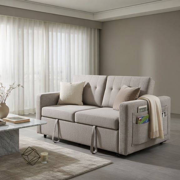 Spaco Twin Pull-Out Sofa Bed with USB Charging Ports, Adjustable Backrest & Side Storage Pockets, Corduroy Convertible Loveseat for Living Room, Bedroom, RV & Small Spaces, Beige