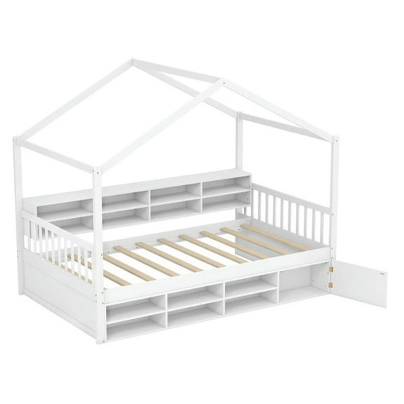 Spaco Twin Size House Bed with Roof with 14 Storage Cubes and Enclosed Cabinet, Simple Bed Frame for Indoor as Bedroom, White