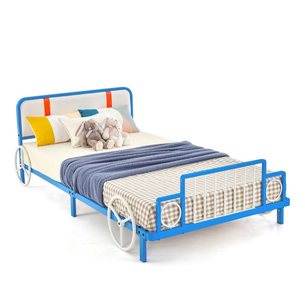 Spaco Twin Size Kids Bed Frame Car Shaped Metal Platform Bed with Upholstered Headboard, Toddler Floor Bed for Sleeping and Sleepovers Spaco Twin Size Kids Bed Frame Car Shaped Metal Platform Bed with Upholstered Headboard, Toddler Floor Bed for Sleeping and Sleepovers