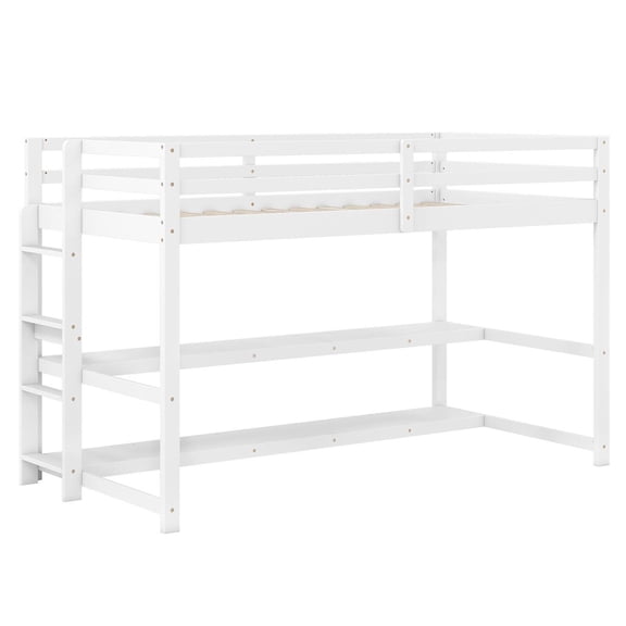 Spaco Twin Size Loft Bed, Storage Shelves & 4-Step Ladder, 14 Plywood Slats, 38" Under-Bed Clearance, Full-Length Guardrails, White