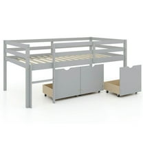 Spaco Twin Size Low Loft Bed with 3 Drawers with Ladder and Full-length Guardrails-Gray, Bed Frame Full