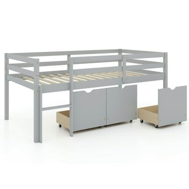 Spaco Twin Size Low Loft Bed with 3 Drawers with Ladder and Full-length Guardrails-Gray, Bed Frame Full