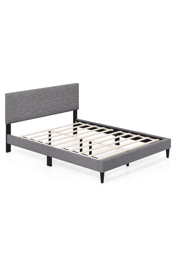 Twin Size Modern Platform Bed, Linen Upholstered Headboard with Sponge, 10 LVL Slats, Low-Profile for Robot Vacuum Access, Gray