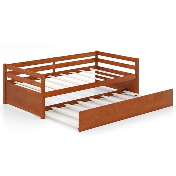 Spaco Twin Size Trundle Platform Bed Frame, Wooden Slat Support, 2-in-1 Sofa/Bed Design, Thickened Slats & Solid Legs, No Box Spring, Walnut