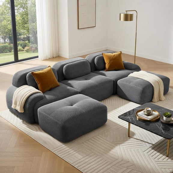 Spaco U-Shaped Modular Sofa, Premium Pet Friendly Corduroy Couch, Extra Wide Armrest, Anti-Slip Base, No Assembly, Living Room Study, Gray