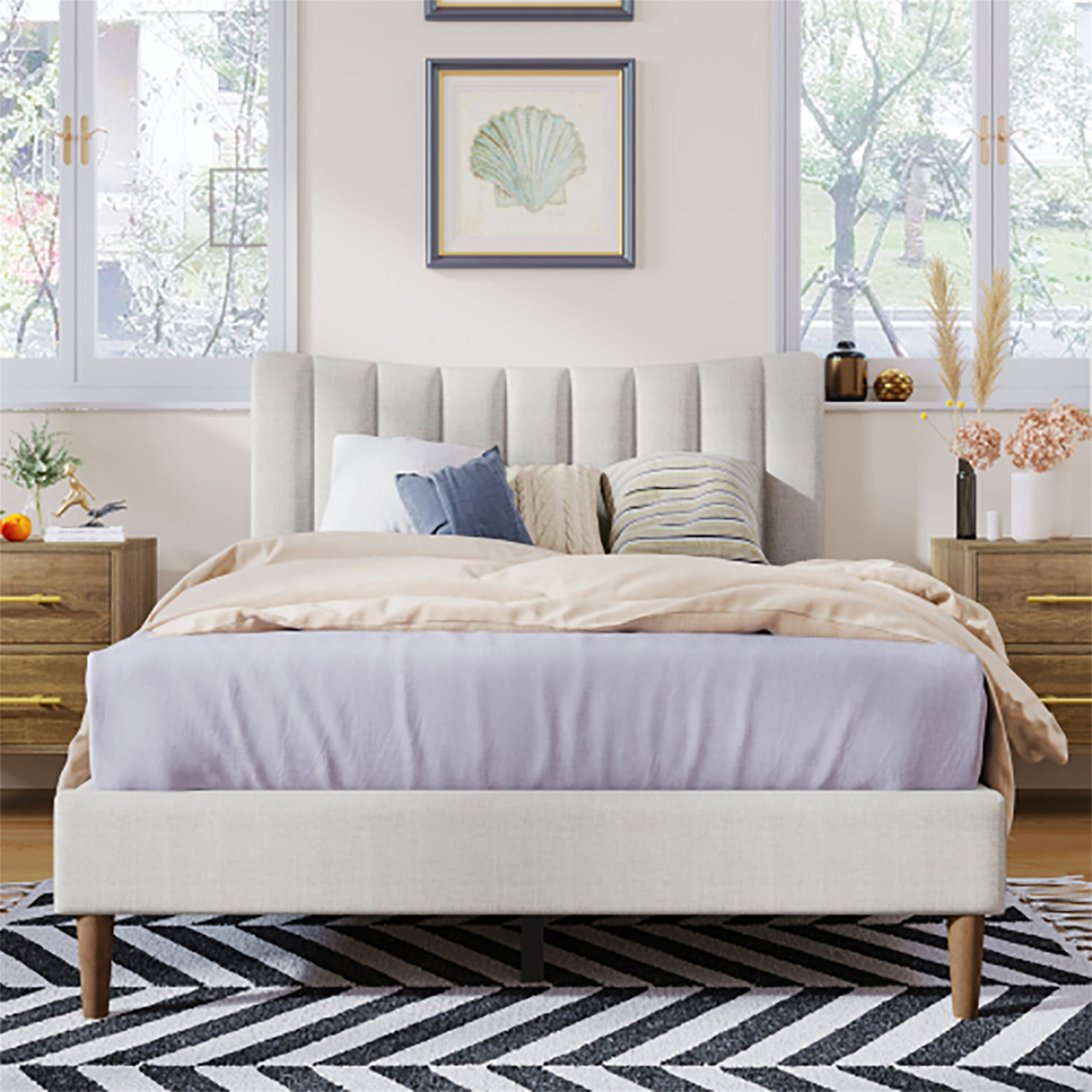 Spaco Upholstered Platform Bed Frame with Vertical Channel Tufted Headboard, No Box Spring Needed, Full Size Bed Frames, Cream Spaco Upholstered Platform Bed Frame with Vertical Channel Tufted Headboard, No Box Spring Needed, Full Size Bed Frames, Cream