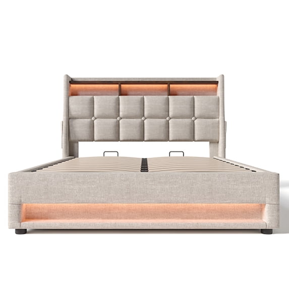 Spaco Upholstered Platform Bed with LED and USB Charging, Full size Bed Frame with a Hydraulic Storage System, Wooden Slats, Noise Free, Easy Assembly, Natural
