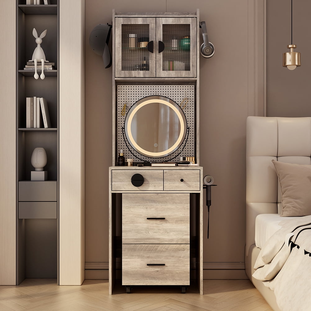 Spaco Vanity Desk with Mirror and LED Lights, Makeup Table with Charging Station and Drawers and Storage Shelves, Corner Vanity Set with Hidden Storage Stool for Bedroom, Gray