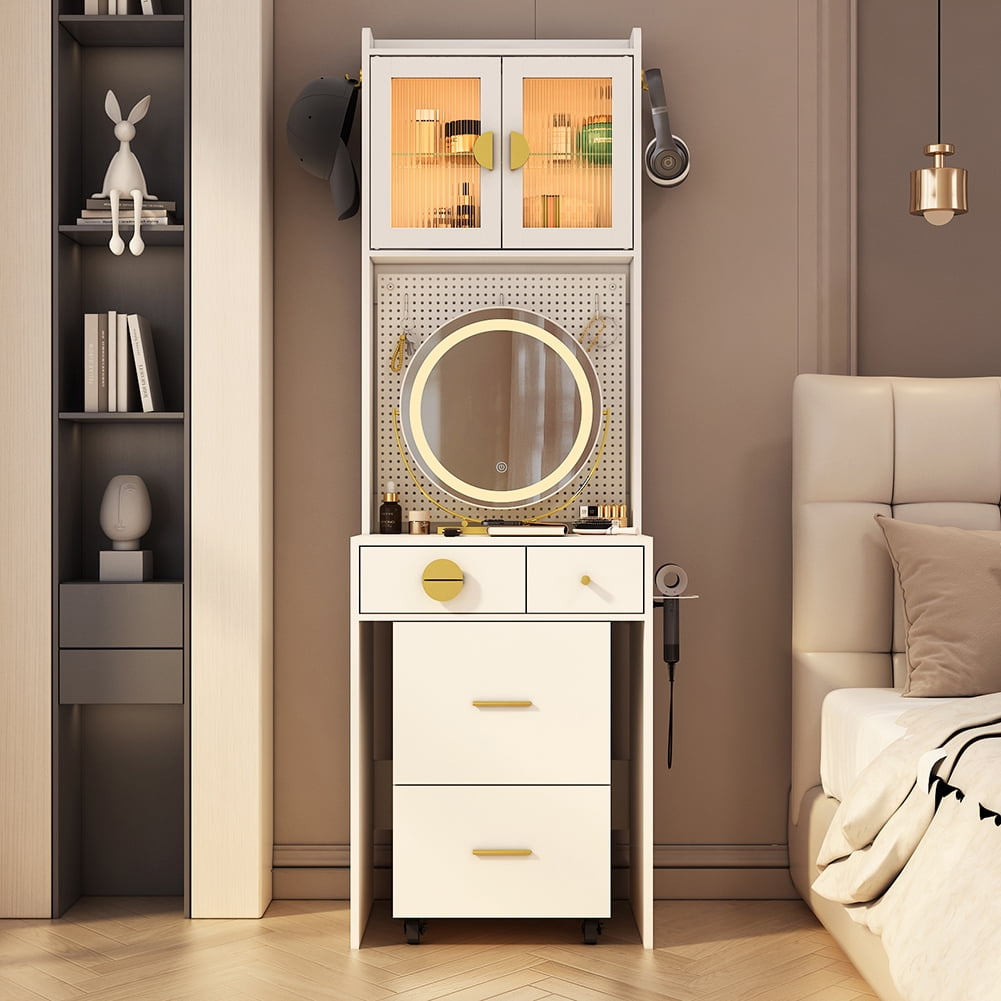 Spaco Vanity Desk with Mirror and LED Lights, Makeup Table with Charging Station and Drawers and Storage Shelves, Corner Vanity Set with Hidden Storage Stool for Bedroom, White