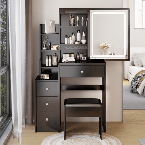 Spaco Vanity Desk with Mirror and Lights + Cushioned Stool, Extra Large Touch Control Sliding LED Mirror, Tri-color Switching, Dressing Makeup Table Storage Drawers for Bedroom, Black