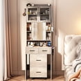 thumbnail image 1 of Spaco Vanity Desk with Sliding Mirror and LED Lights, Makeup Table with Charging Station and Storage Shelves, Compact Mini Corner Vanity Set with Hidden Storage Stool for Small Space, Gray, 1 of 15