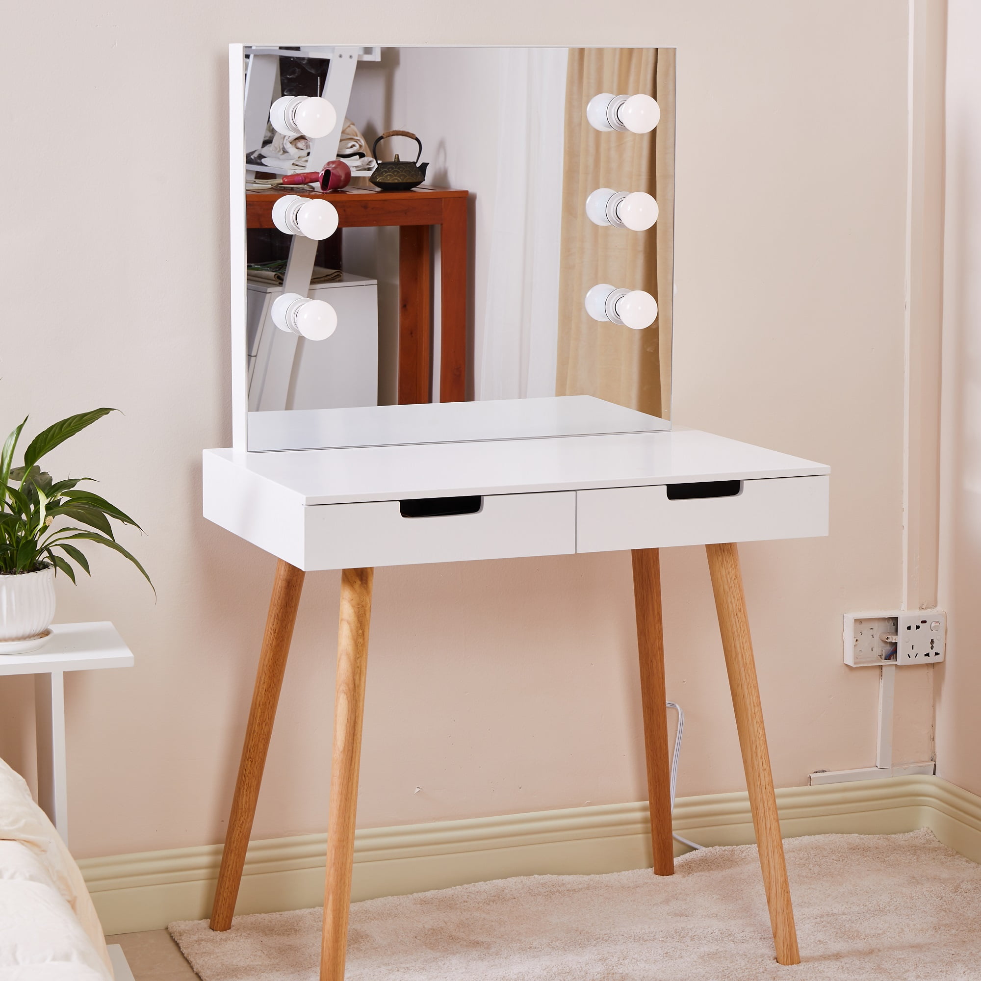 Spaco Vanity Table with Large Lighted Mirror, Wooden Vanity Table Makeup Dressing Desk, 2 Drawer, White