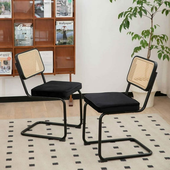 Spaco Velvet Rattan Side Accent Chairs Set of 2 with Chrome Legs, Modern Mid Century Breuer Designed Chairs, Upholstered Dining Chairs for Indoor as Living Room, Kitchen, Black